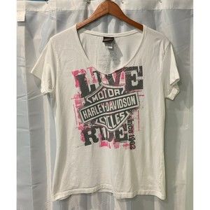 Harley Davidson Live Ride 1903 Racine, WI Women's Size XL Scoop Neck White Shirt